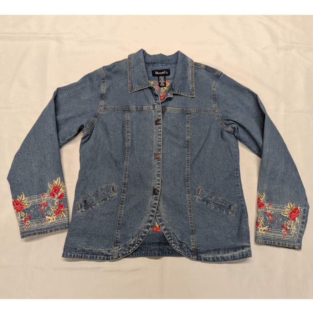 Denim & Co Vintage Floral Embroidered Denim Jean Jacket Women's Size Medium